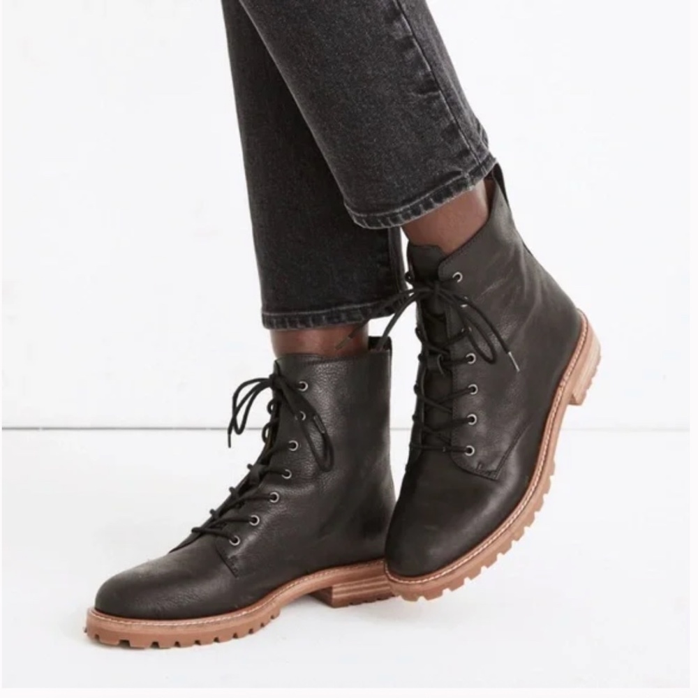 Madewell Black Leather Lace-Up Combat Boots with Tan Lug Sole